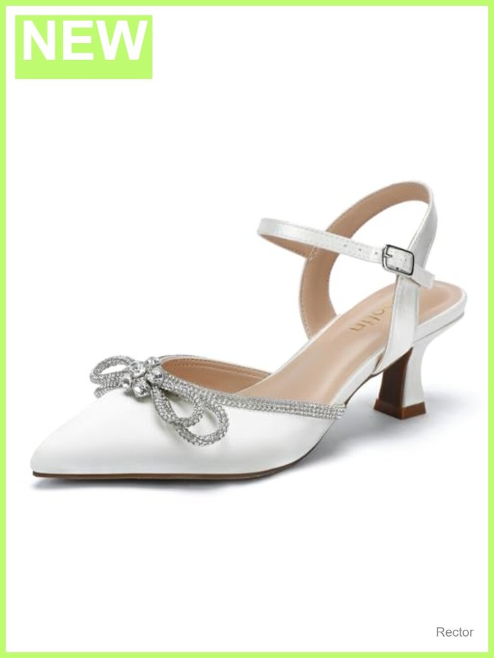 Wide Width Kitten Heels Rhinestone Bow Pointed Toe Pumps Adjustable Ankle Strap